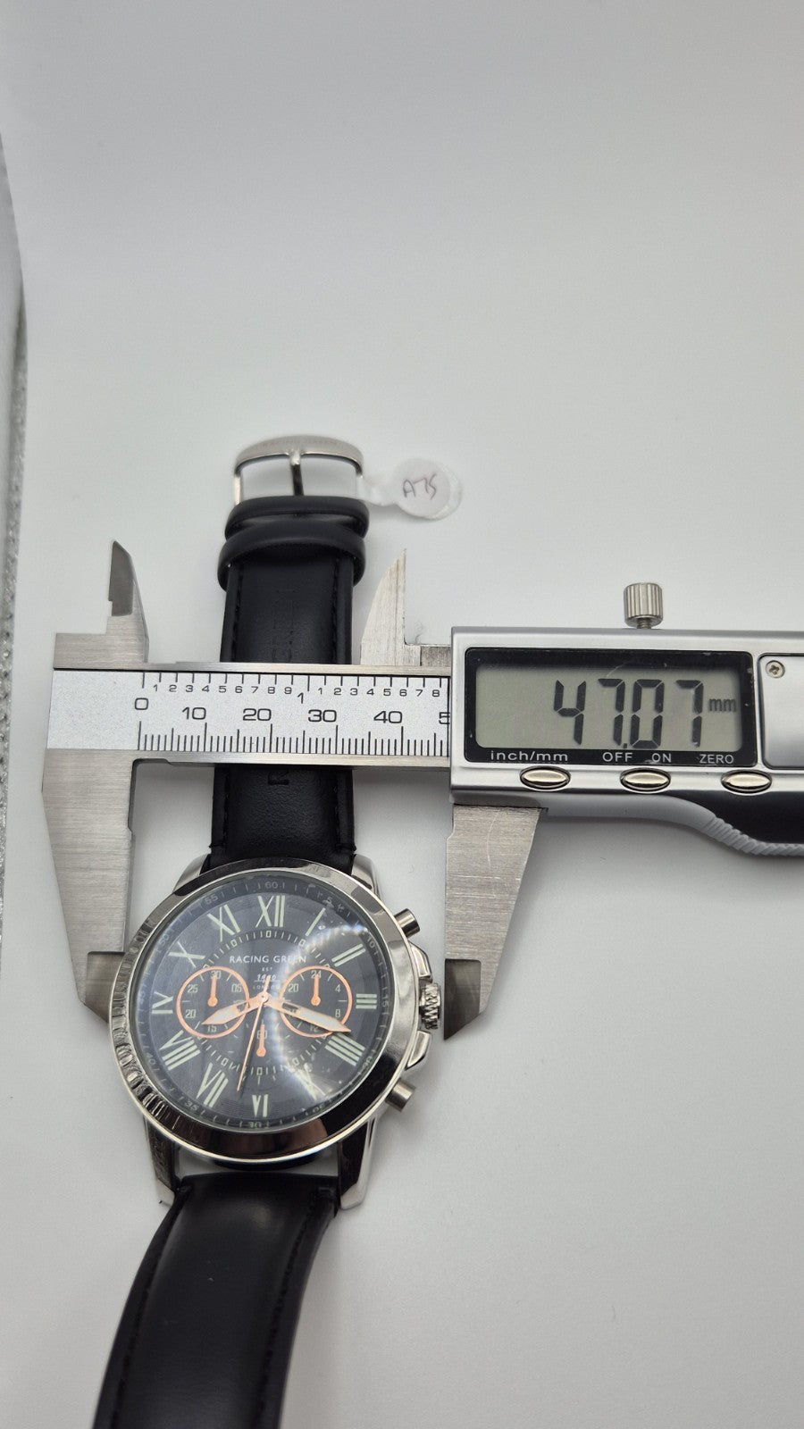 Racing Green men's chronograph watch with a black leather strap and orange...20