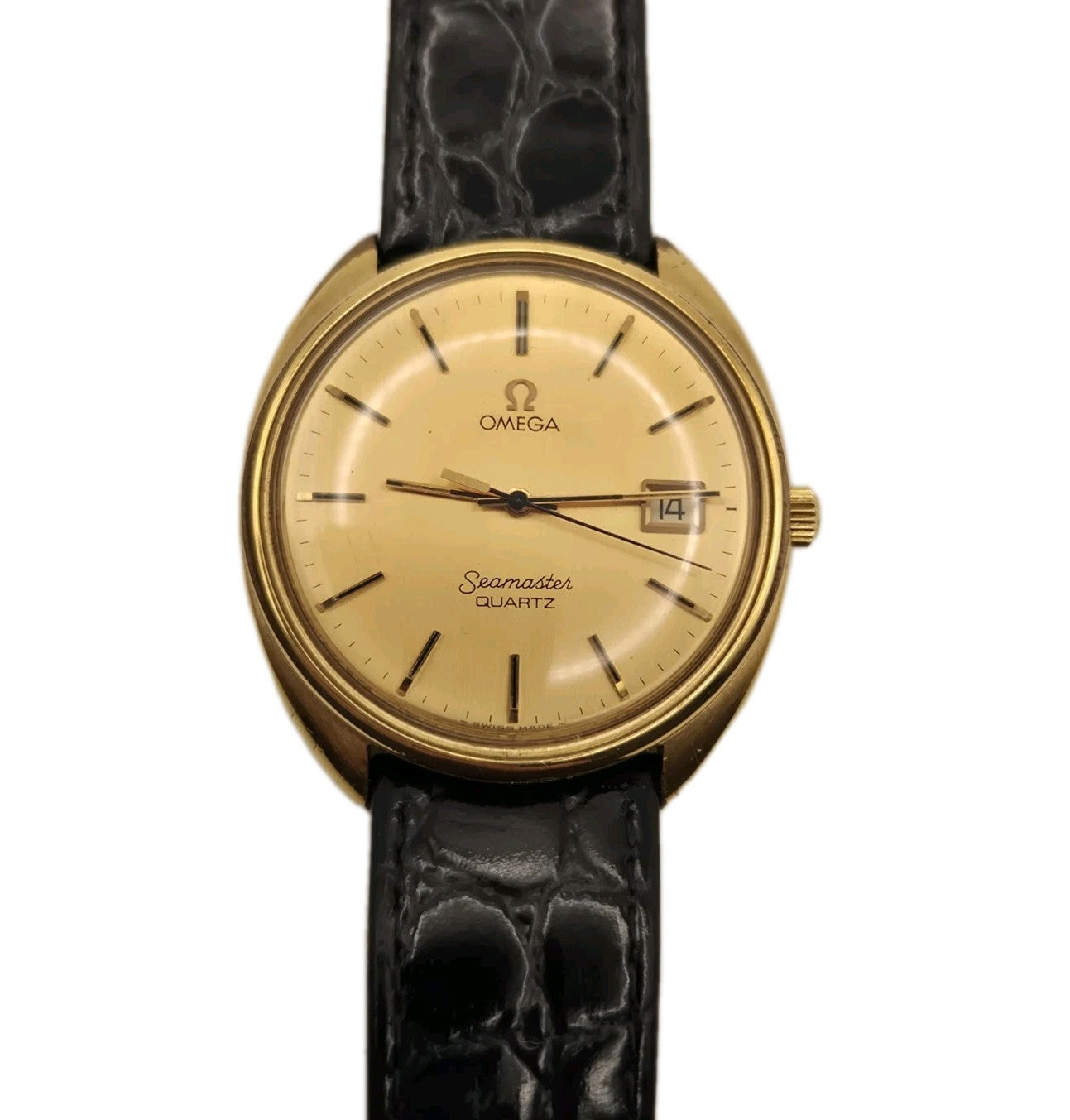 OMEGA Seamaster Cal.1342 Quartz Gold Dial Date Mens 34mm Watch0