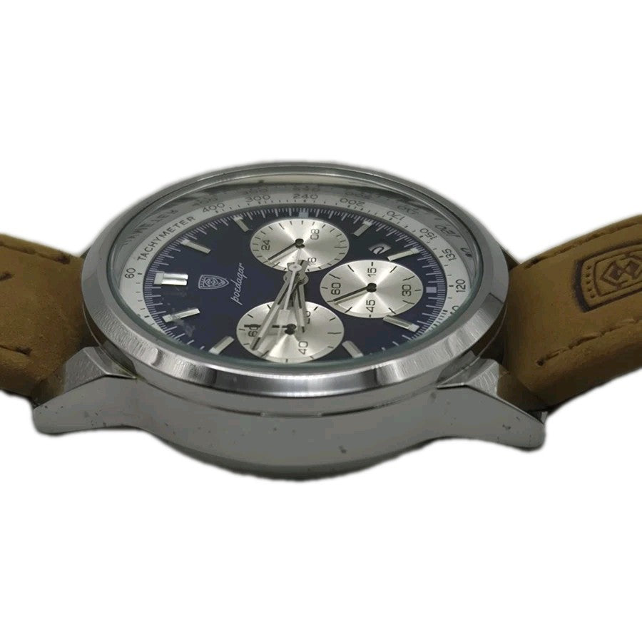 Poedagar men's luxury quartz chronograph watch with a blue dial and a tan...4