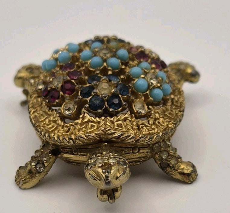 Vintage Ciner Signed Multi Coloured Stone Turtle Brooch Pin1