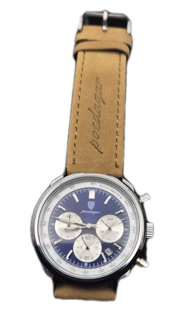 Poedagar men's luxury quartz chronograph watch with a blue dial and a tan...0