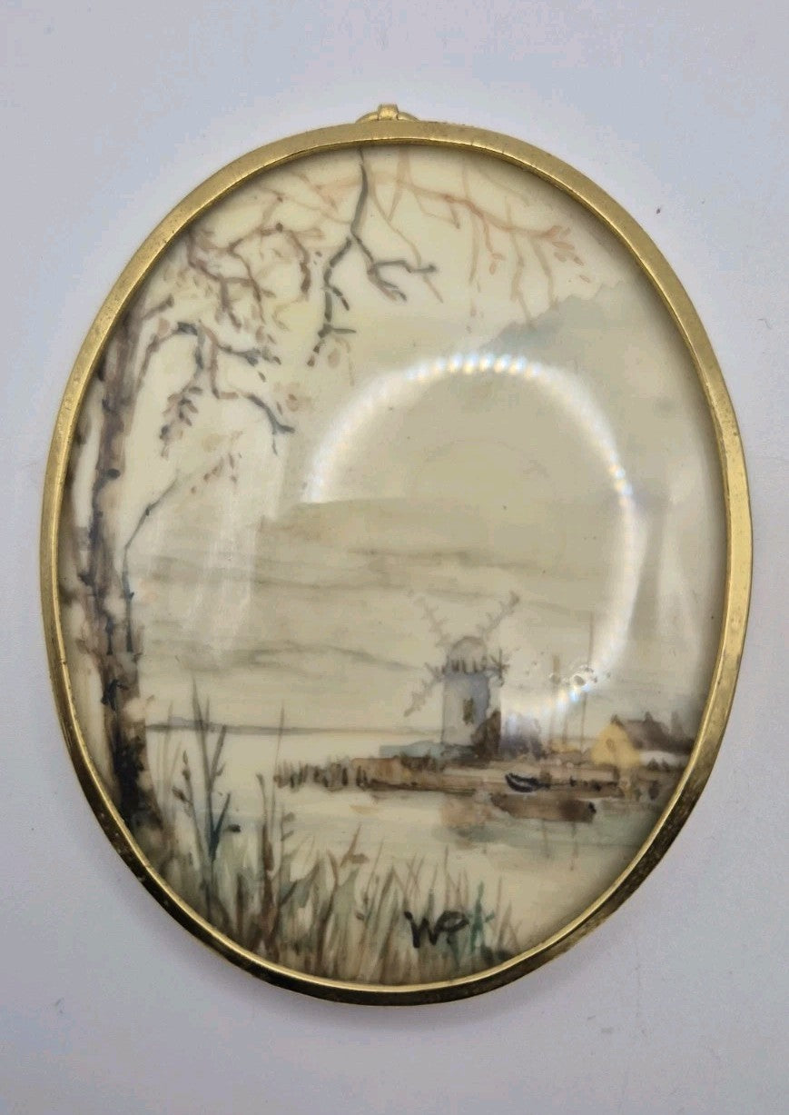 Vintage pair of oval framed miniatures hand painted landscape scenes By Wynn...1