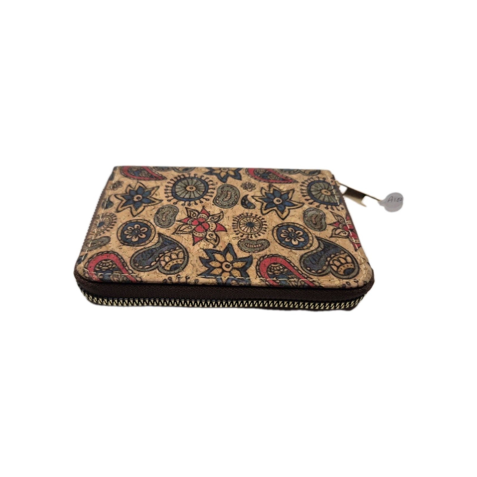 cork zip-around wallet with a paisley and floral pattern.4