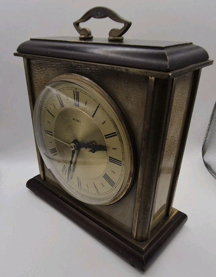 Vintage Metamec Mantle Clock In Gold With Wood Brass & Marble. Roman numerals2