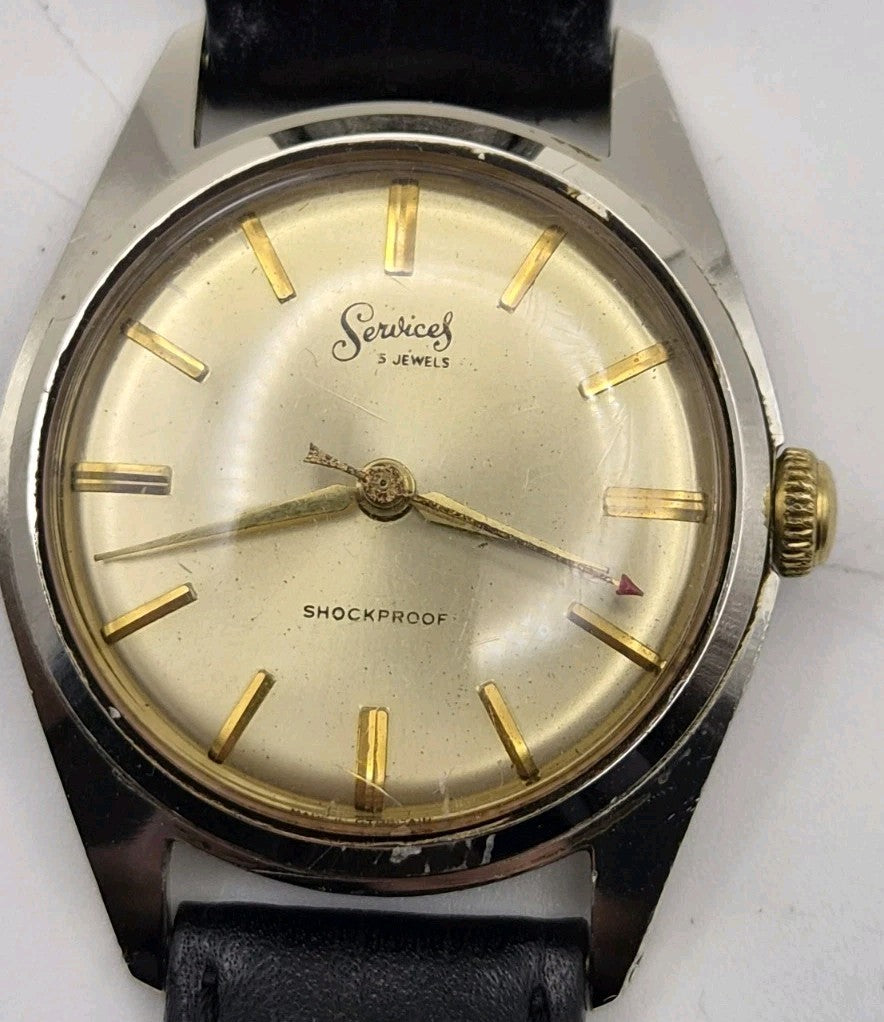 Vintage Services 5 Jewels Shockproof Date Manual Wind Watch 34mm 1960s12