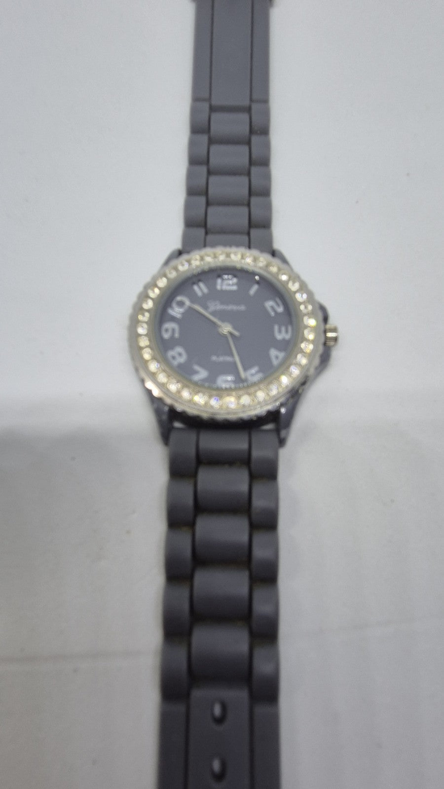 Geneva Grey & Silver Tone Rhinestones Ladies Watch with Silicone Band Costume...0