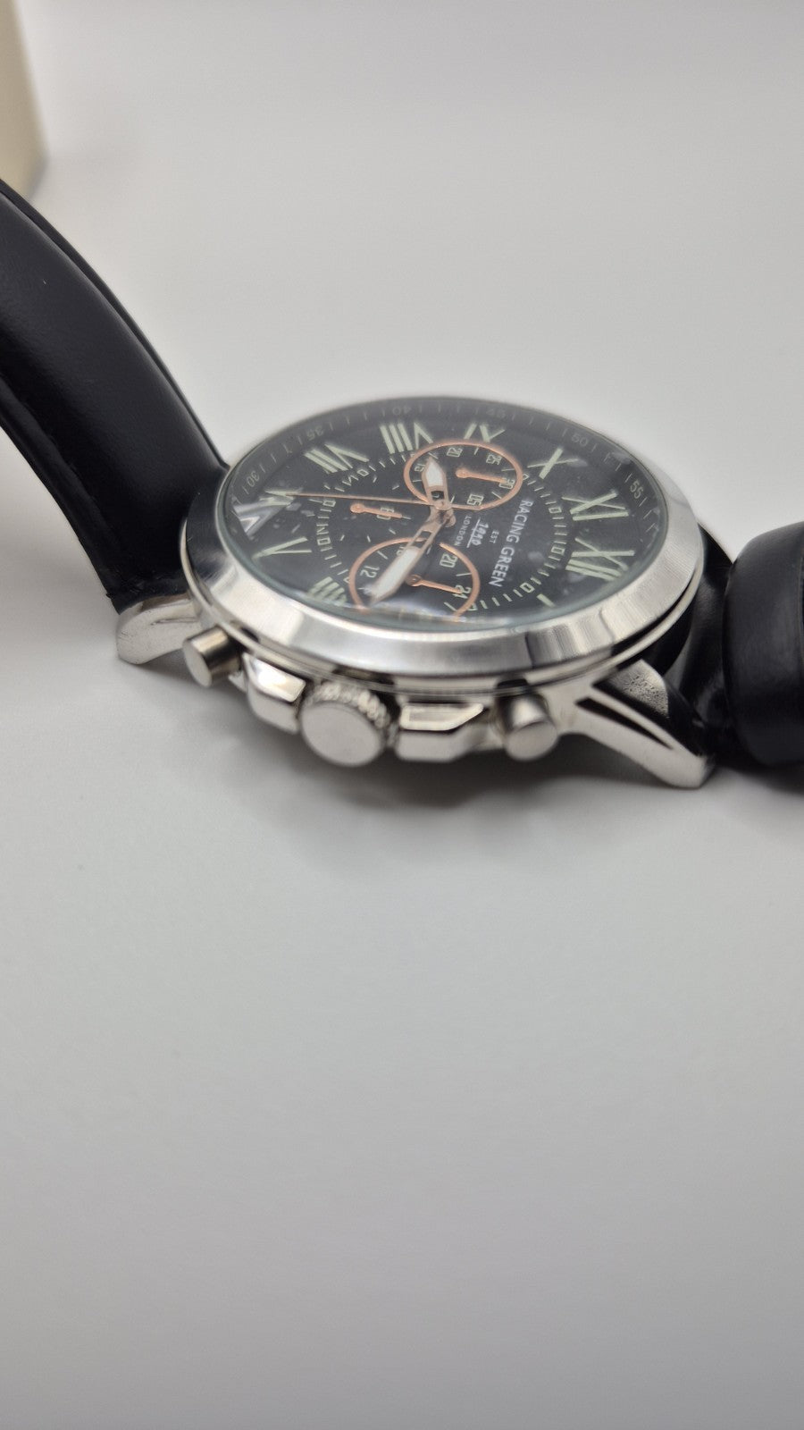 Racing Green men's chronograph watch with a black leather strap and orange...12