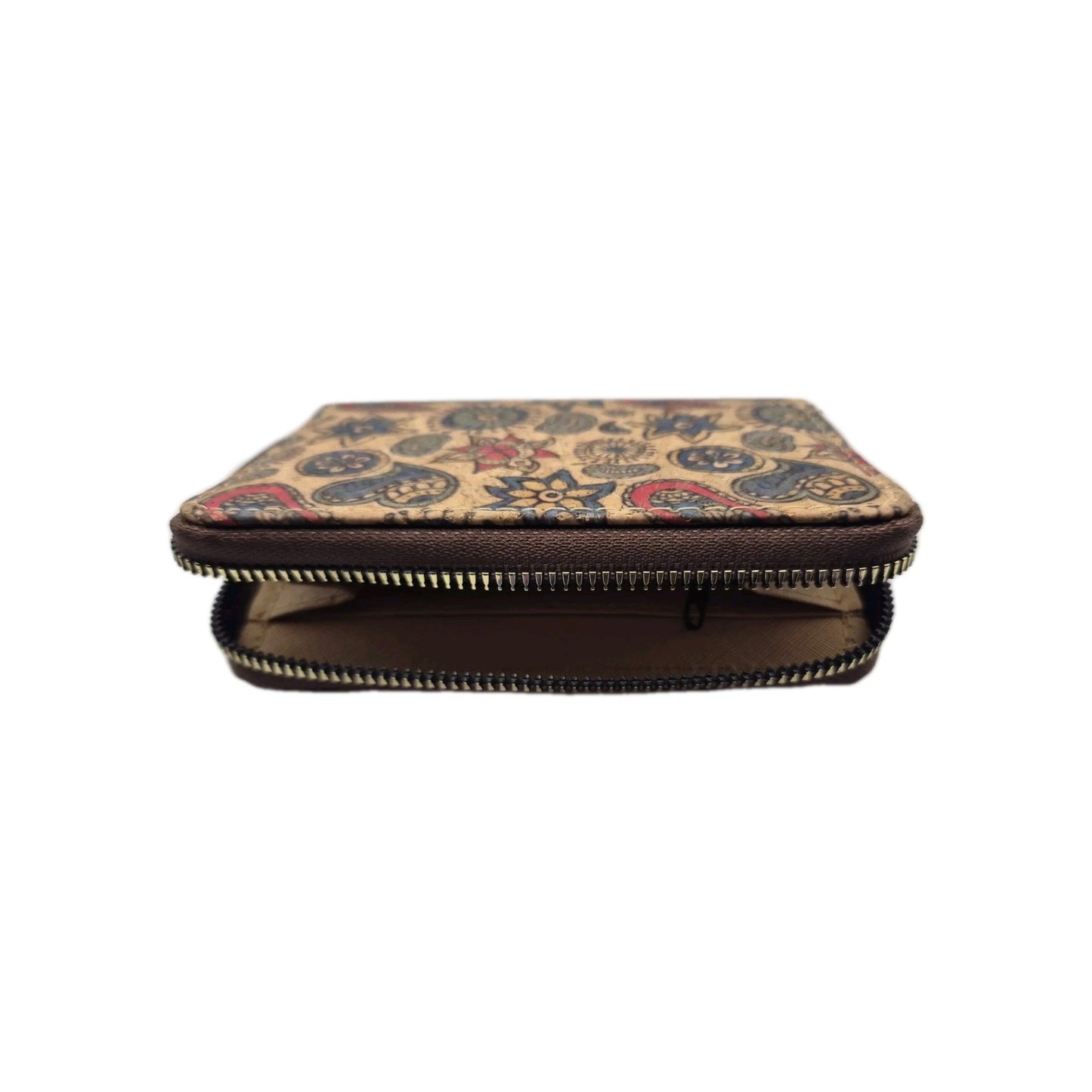 cork zip-around wallet with a paisley and floral pattern.2