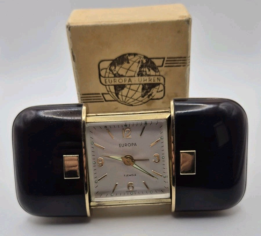 vintage Europa Uhren 7 Jewels mechanical travel alarm clock with a sliding case0