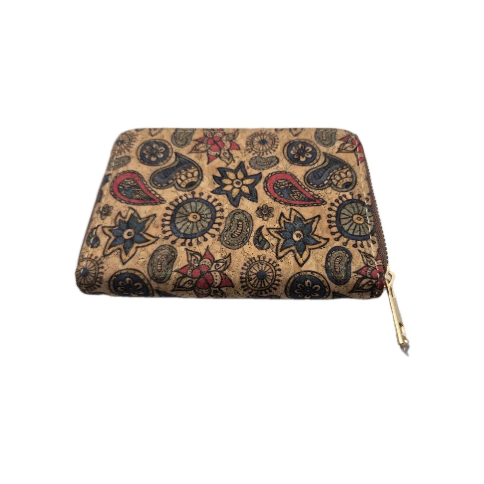 cork zip-around wallet with a paisley and floral pattern.0