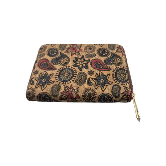 cork zip-around wallet with a paisley and floral pattern.0