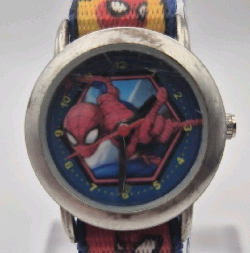 Marvel Spider Man kids watch featuring a blue nylon strap0