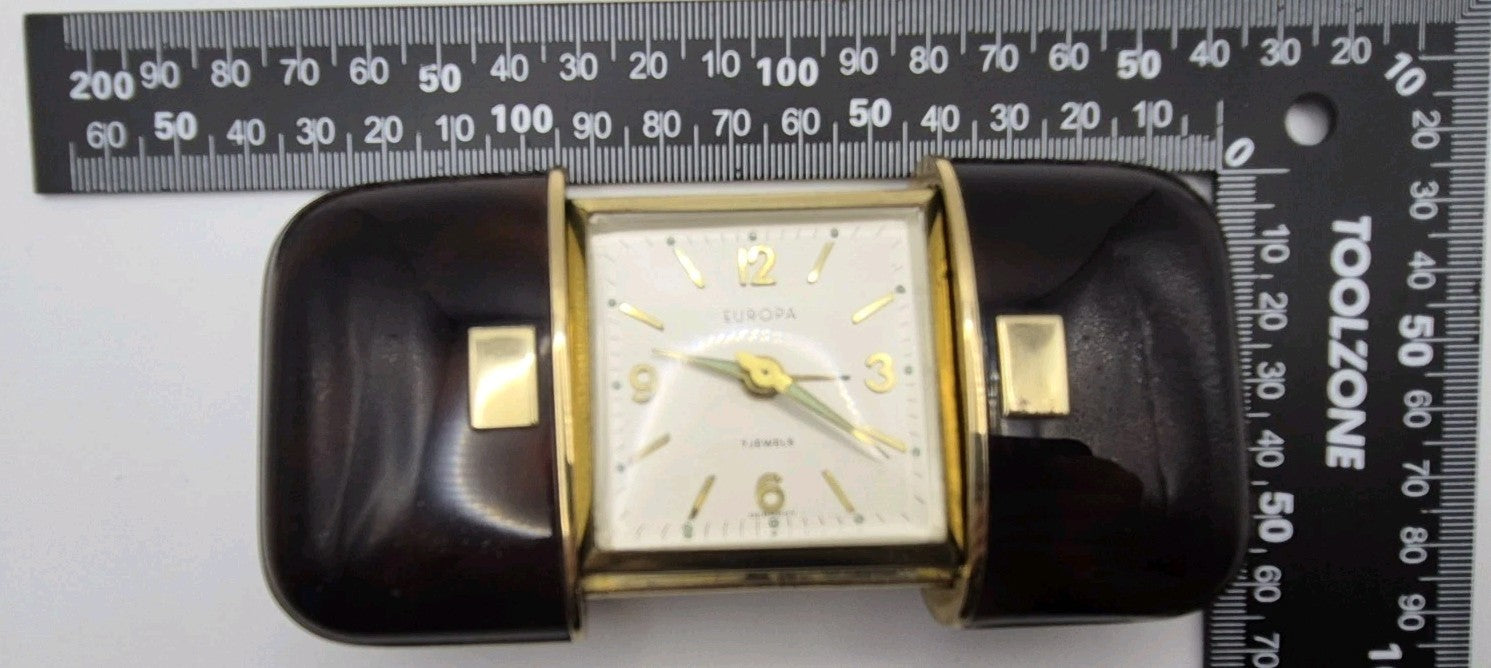 vintage Europa Uhren 7 Jewels mechanical travel alarm clock with a sliding case16