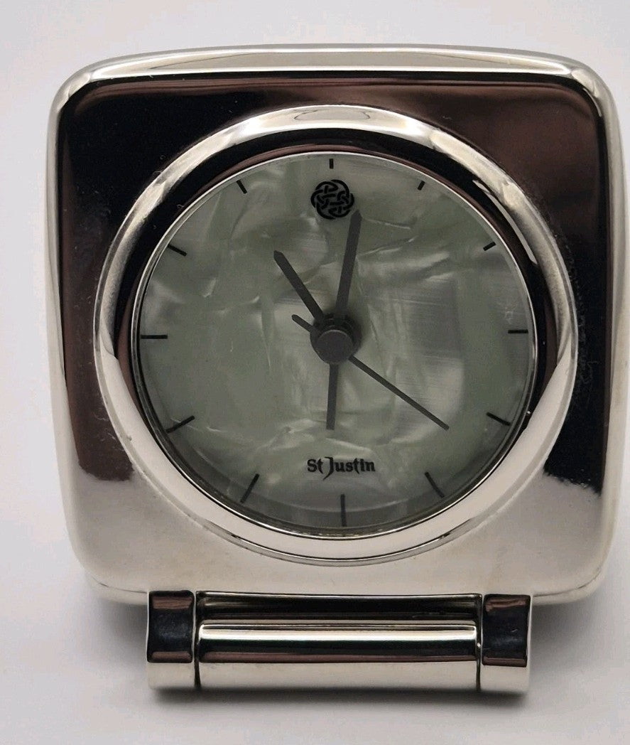 St Justin Analogue Folding Travel Alarm Clock Silver Metal0