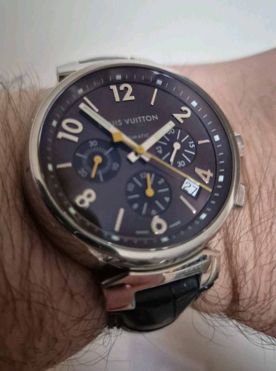 LOUIS VUITTON TAMBOUR CHRONOGRAPH STRAP WATCH. 41MM CASE, COPPER DIAL REFERENCE5