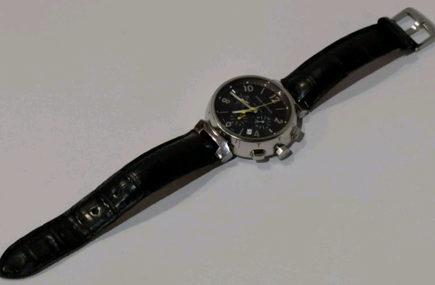 LOUIS VUITTON TAMBOUR CHRONOGRAPH STRAP WATCH. 41MM CASE, COPPER DIAL REFERENCE10