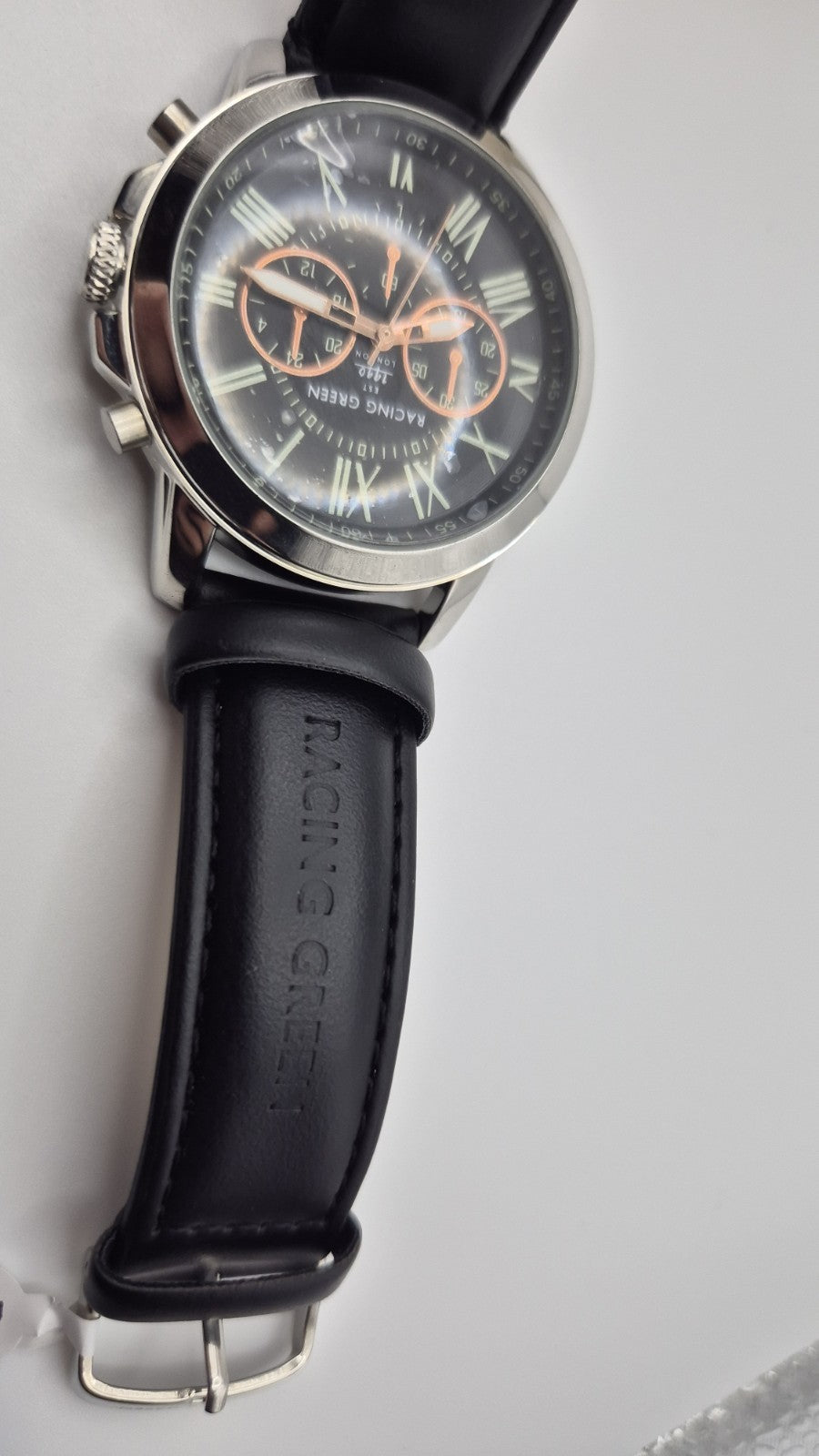 Racing Green men's chronograph watch with a black leather strap and orange...13