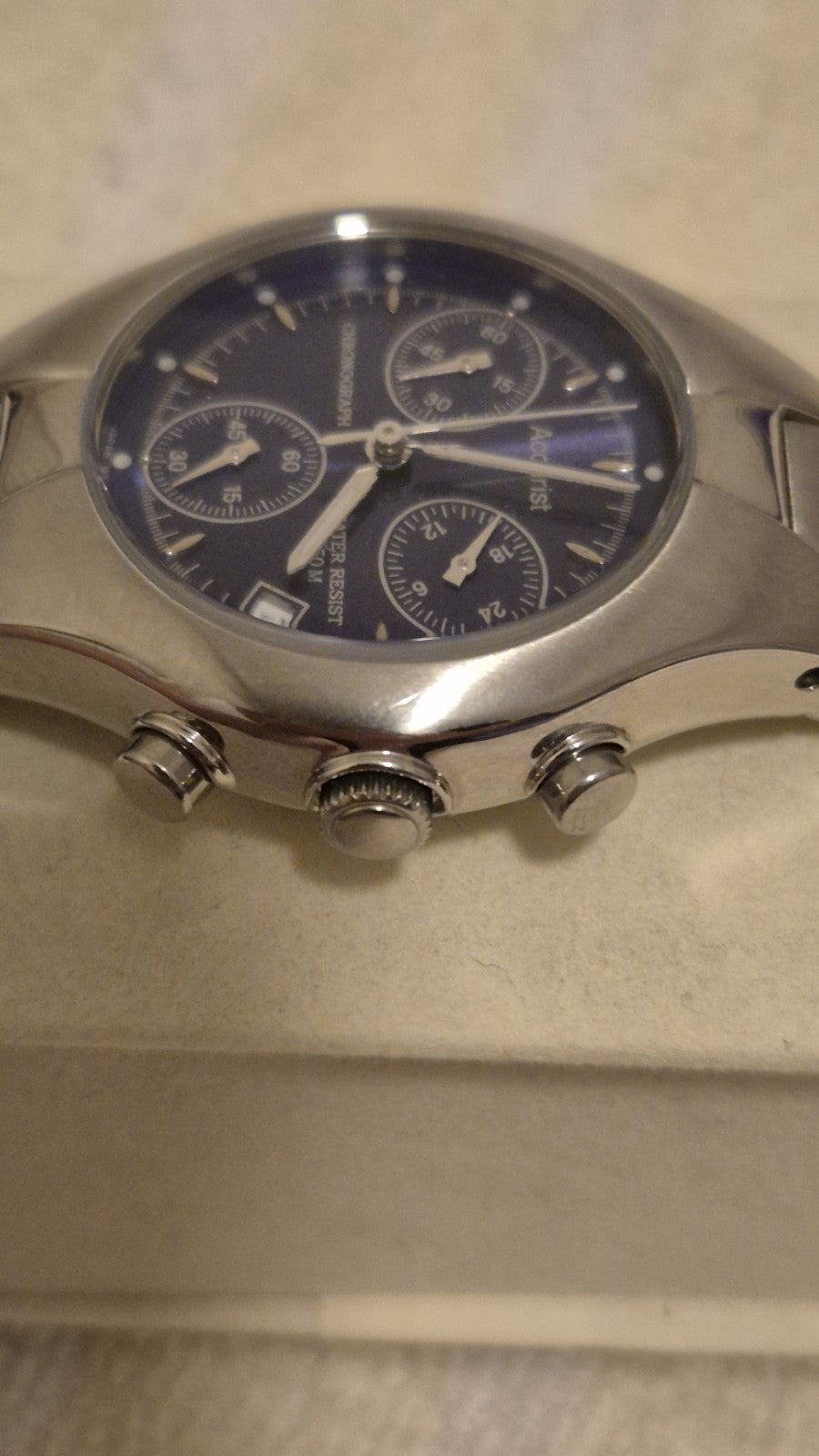 Vtg Accurist Chronograph Date Blue Face Steel Bracelet  Quartz Watch2
