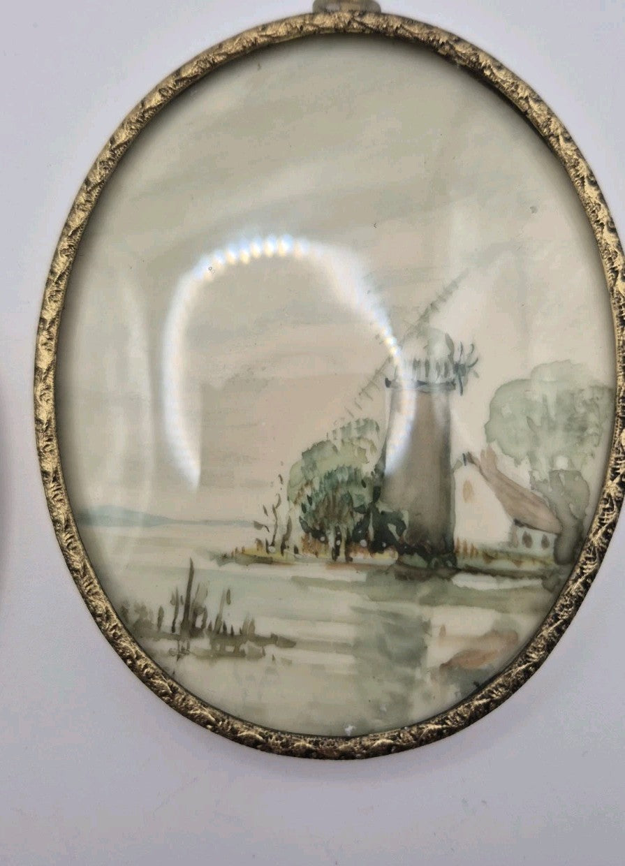 Vintage pair of oval framed miniatures hand painted landscape scenes By Wynn...2