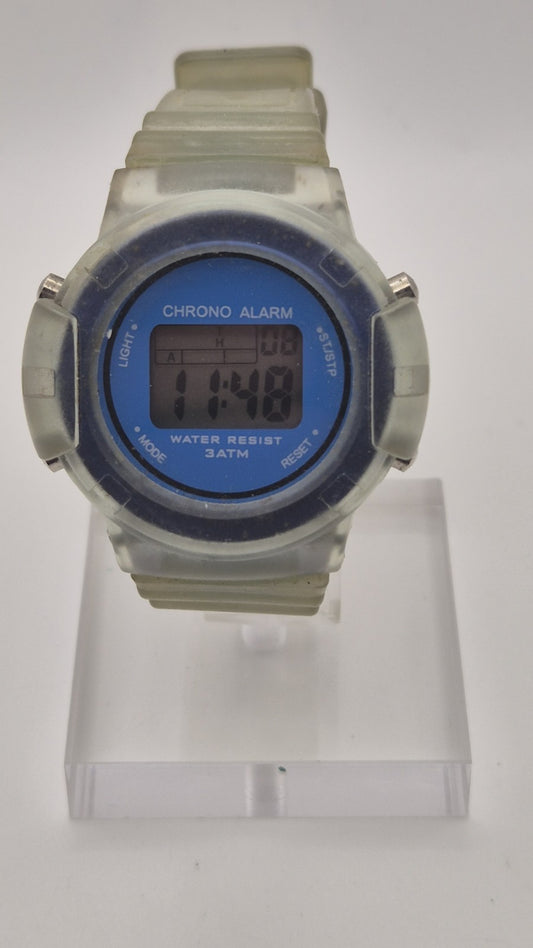 digital watch featuring a blue face and a transparent plastic strap0