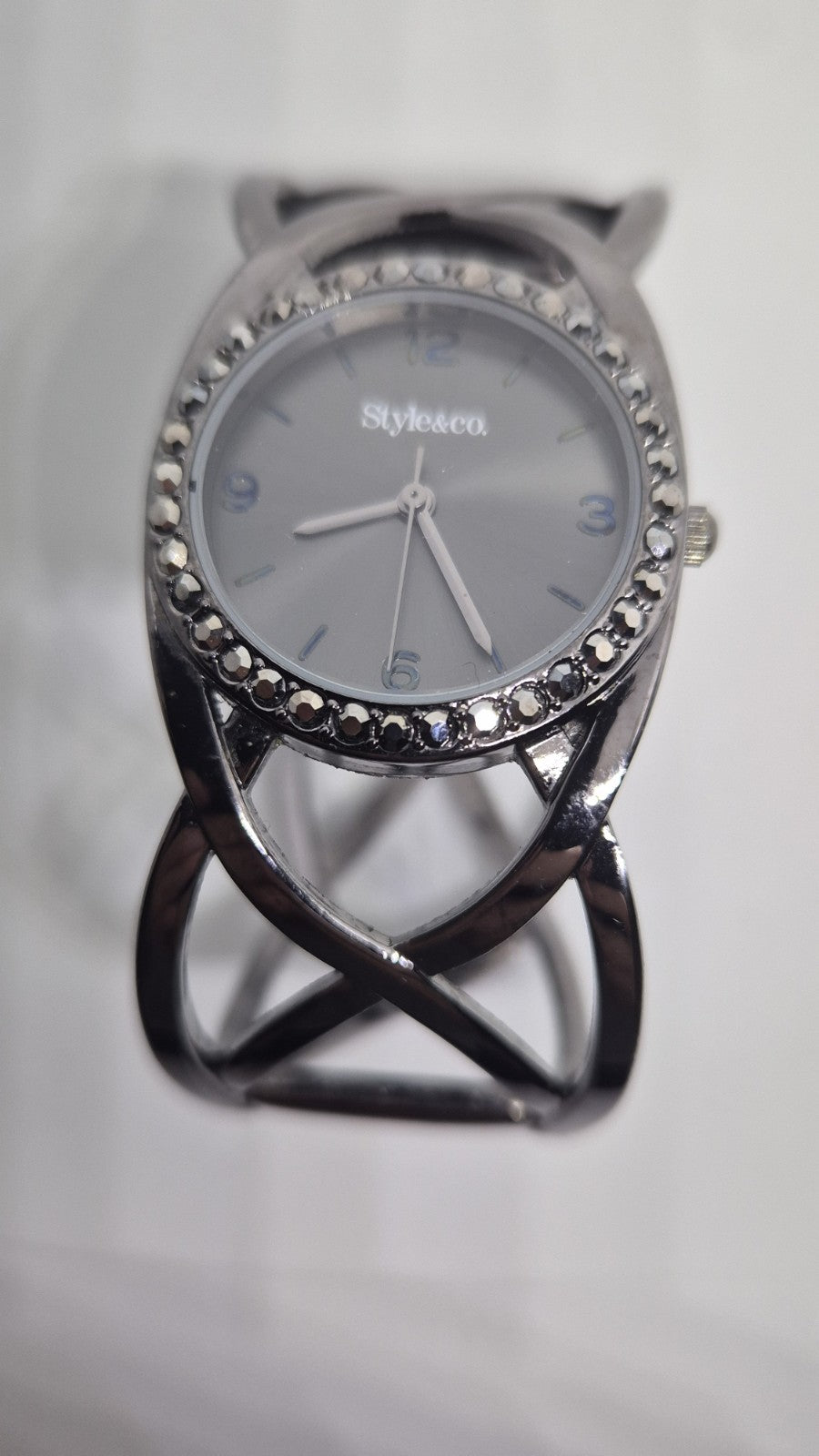 Style & Co Ladies Gemmed Quartz Watch 30mm Round Bronze Bracelet Cuff Band0