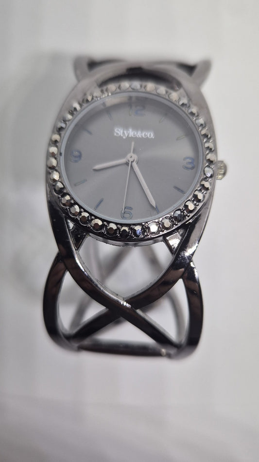 Style & Co Ladies Gemmed Quartz Watch 30mm Round Bronze Bracelet Cuff Band0