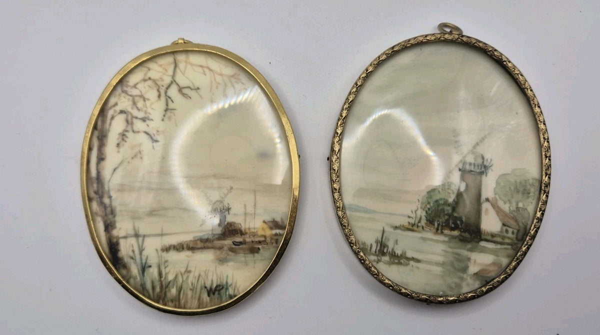 Vintage pair of oval framed miniatures hand painted landscape scenes By Wynn...0