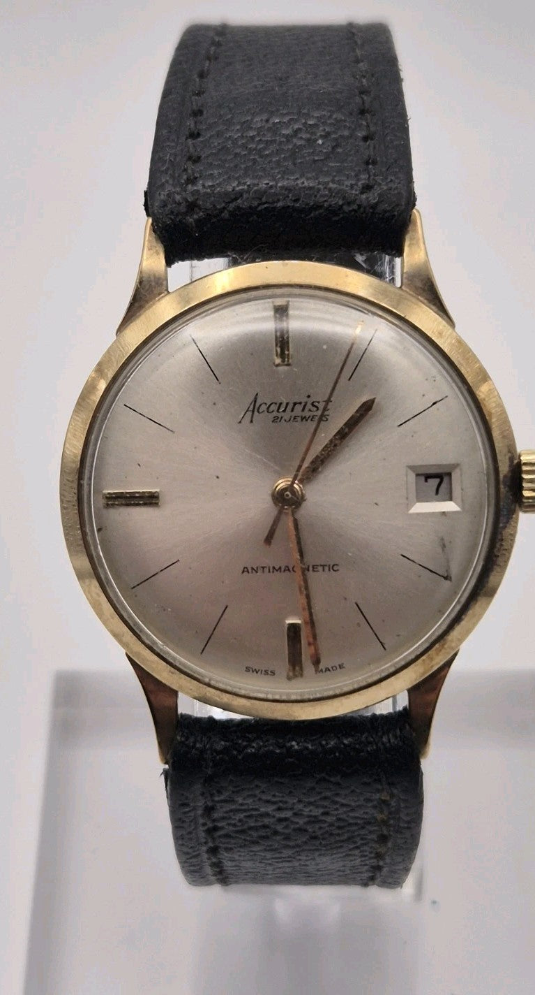 Accurist 1960s 9 Carat Gold Watch,  date, 21 Jewels, Working, Swiss Made1