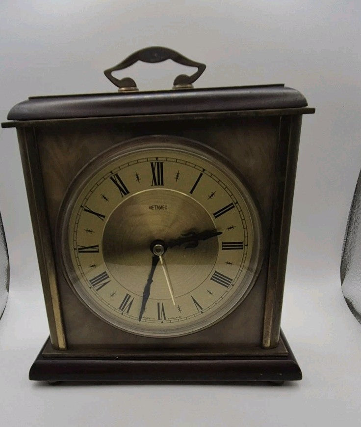 Vintage Metamec Mantle Clock In Gold With Wood Brass & Marble. Roman numerals1