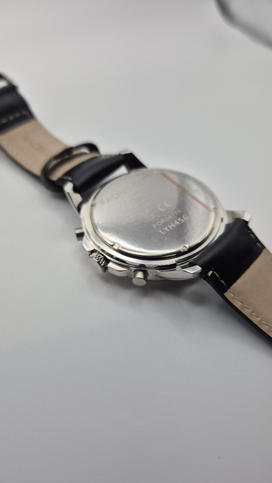 Racing Green men's chronograph watch with a black leather strap and orange...18