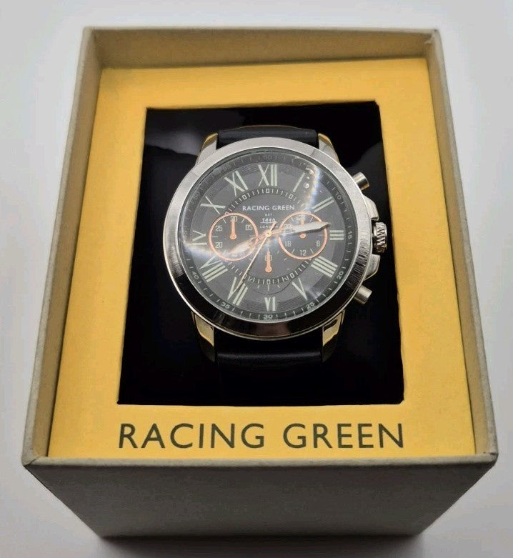 Racing Green men's chronograph watch with a black leather strap and orange...0