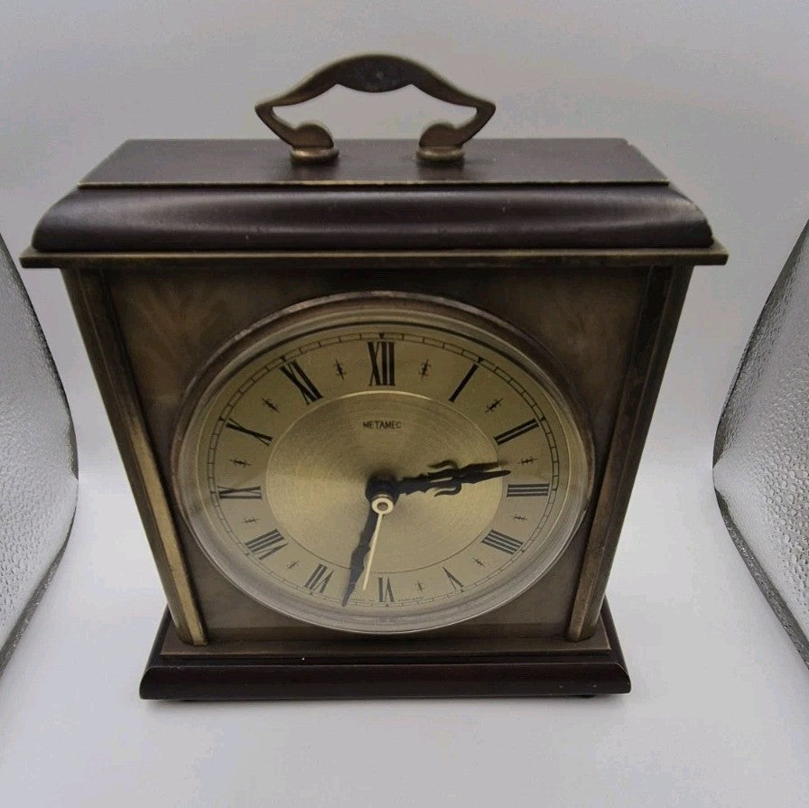 Vintage Metamec Mantle Clock In Gold With Wood Brass & Marble. Roman numerals0