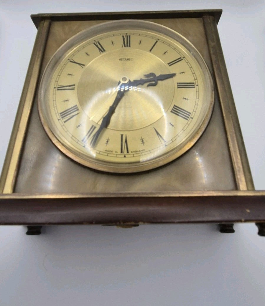 Vintage Metamec Mantle Clock In Gold With Wood Brass & Marble. Roman numerals10