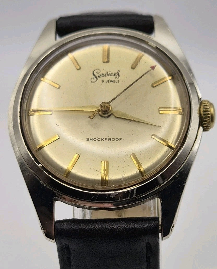 Vintage Services 5 Jewels Shockproof Date Manual Wind Watch 34mm 1960s0