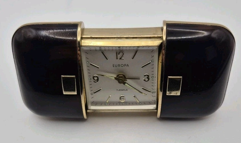 vintage Europa Uhren 7 Jewels mechanical travel alarm clock with a sliding case2
