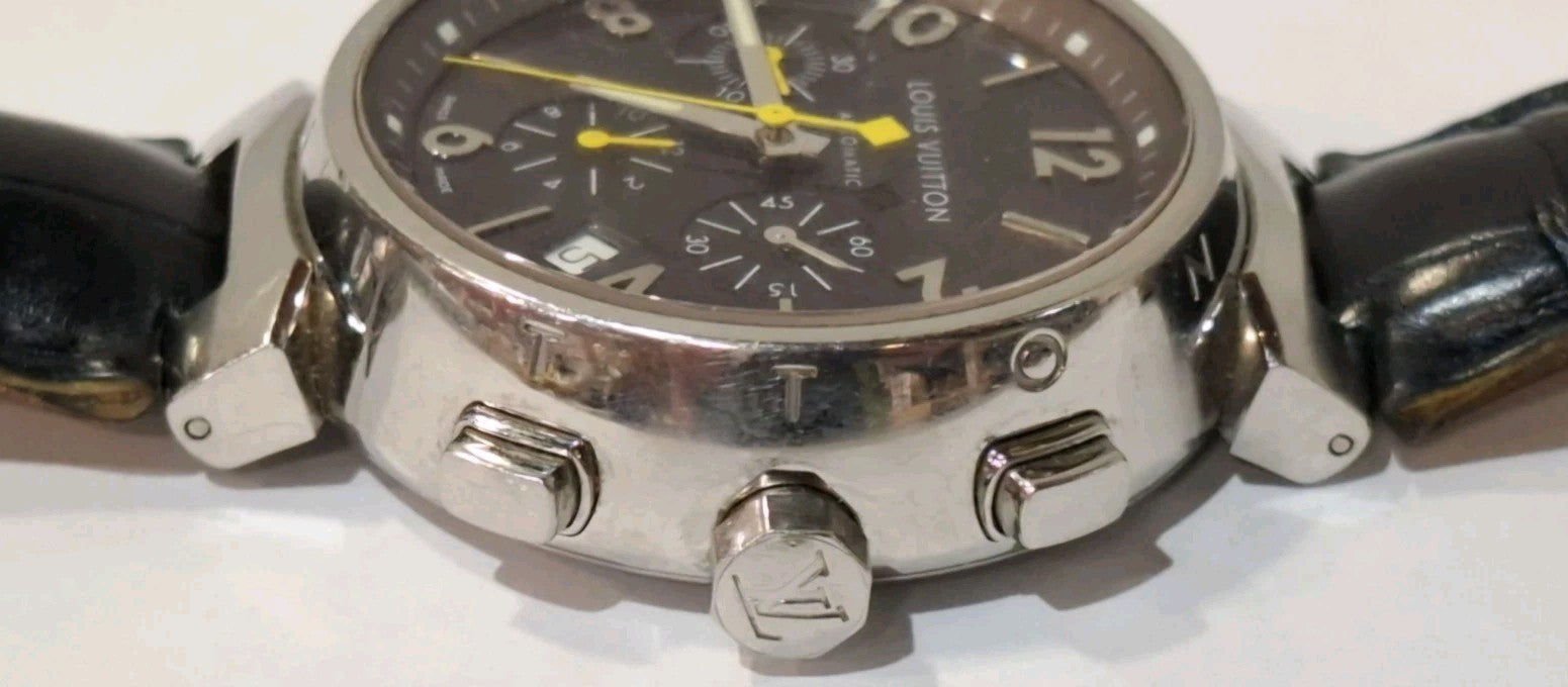 LOUIS VUITTON TAMBOUR CHRONOGRAPH STRAP WATCH. 41MM CASE, COPPER DIAL REFERENCE7