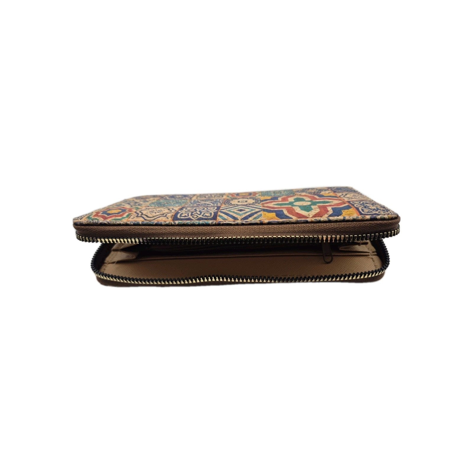 Cork zipper wallet featuring a blue and yellow mosaic pattern4