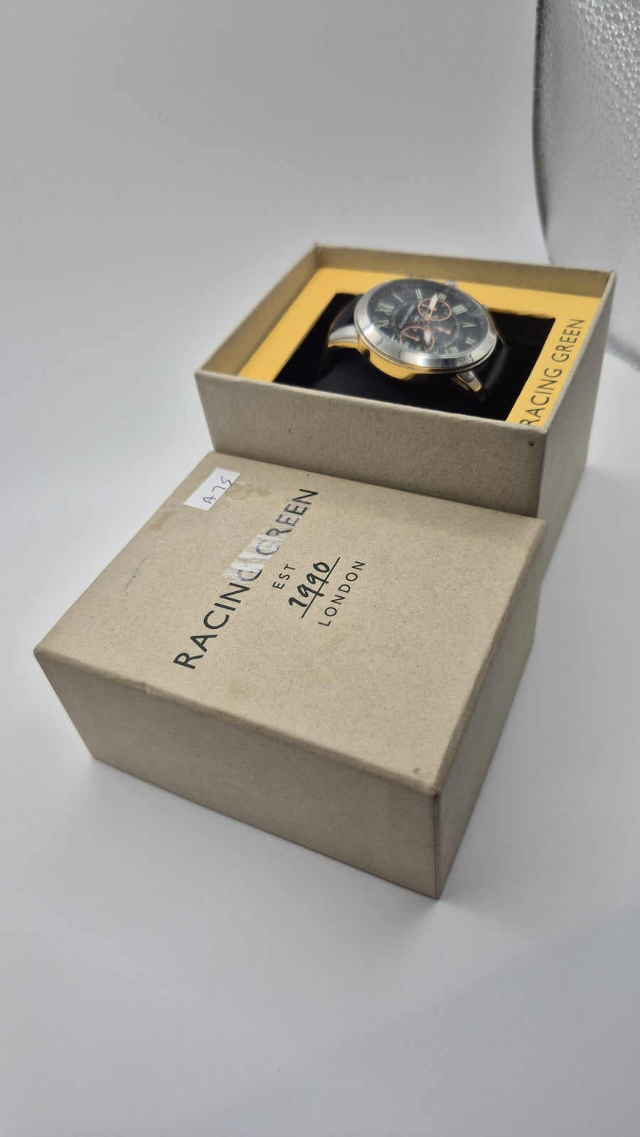 Racing Green men's chronograph watch with a black leather strap and orange...2