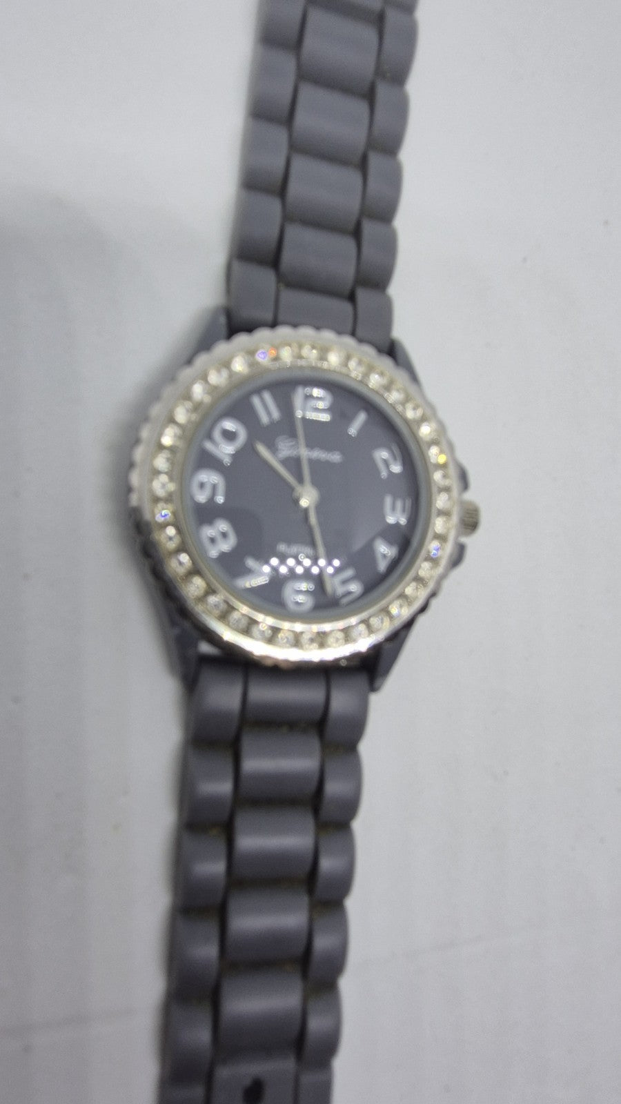 Geneva Grey & Silver Tone Rhinestones Ladies Watch with Silicone Band Costume...1