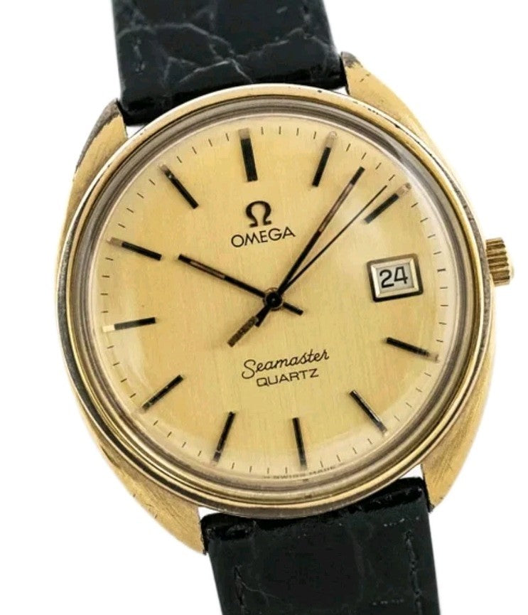 OMEGA Seamaster Cal.1342 Quartz Gold Dial Date Mens 34mm Watch1