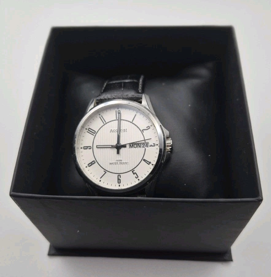 Accurist Men’s Analogue Day/Date Quartz Black Leather Strap Watch 1U05 MS990W19