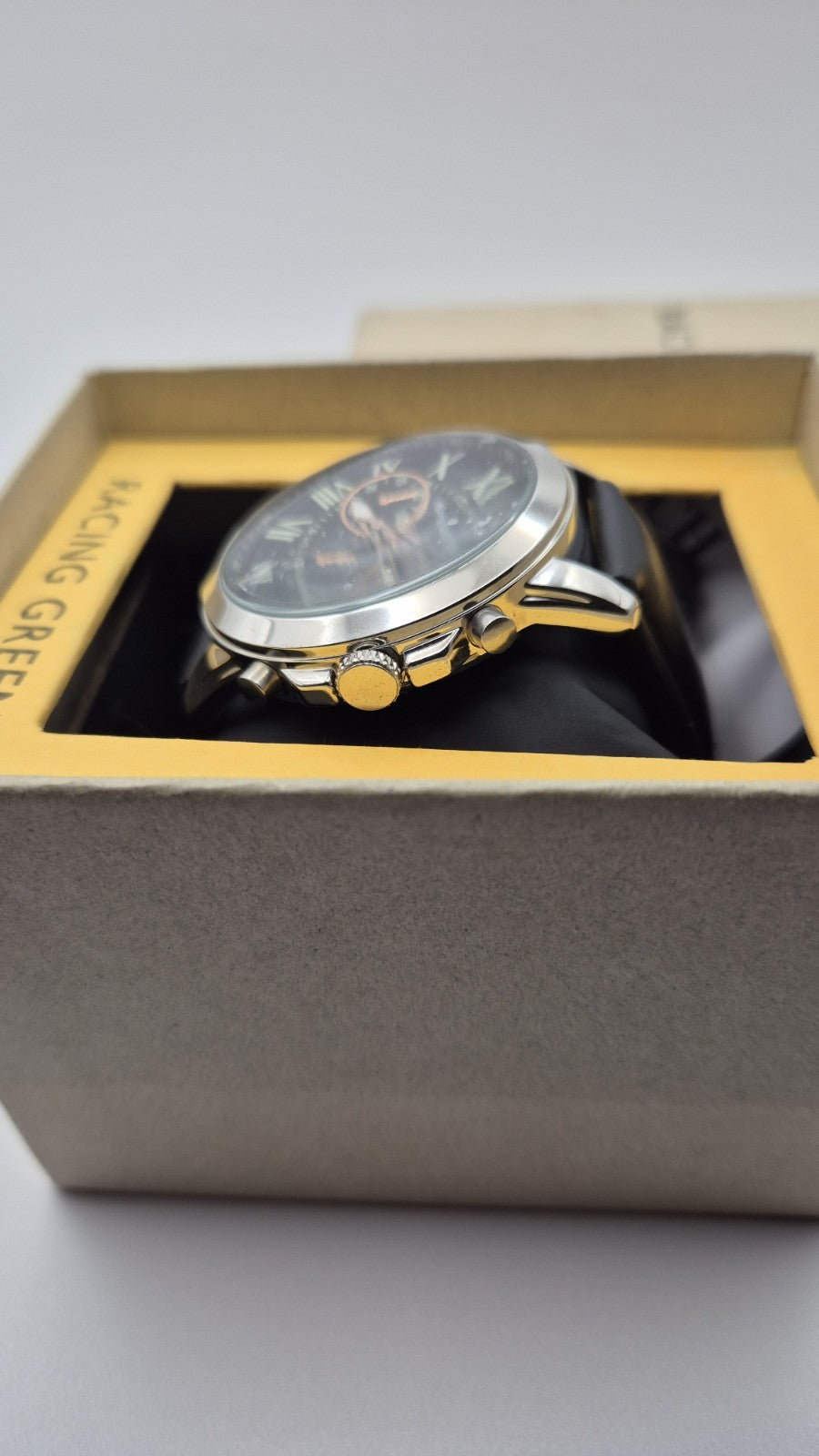 Racing Green men's chronograph watch with a black leather strap and orange...4