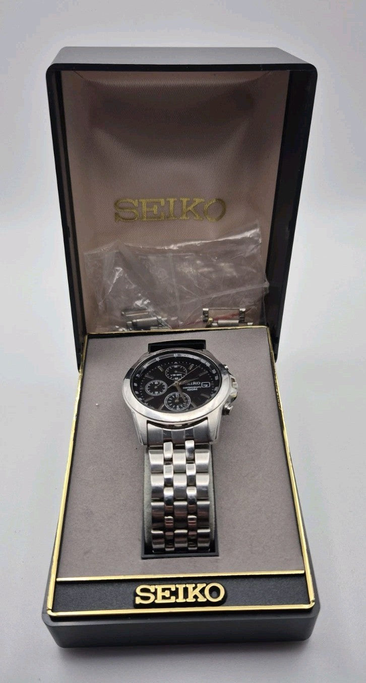 Seiko Chronograph 7T92 0LH0 Black Dial Tachymeter Quartz Men's Watch0