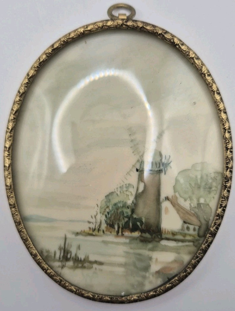 Vintage pair of oval framed miniatures hand painted landscape scenes By Wynn...7