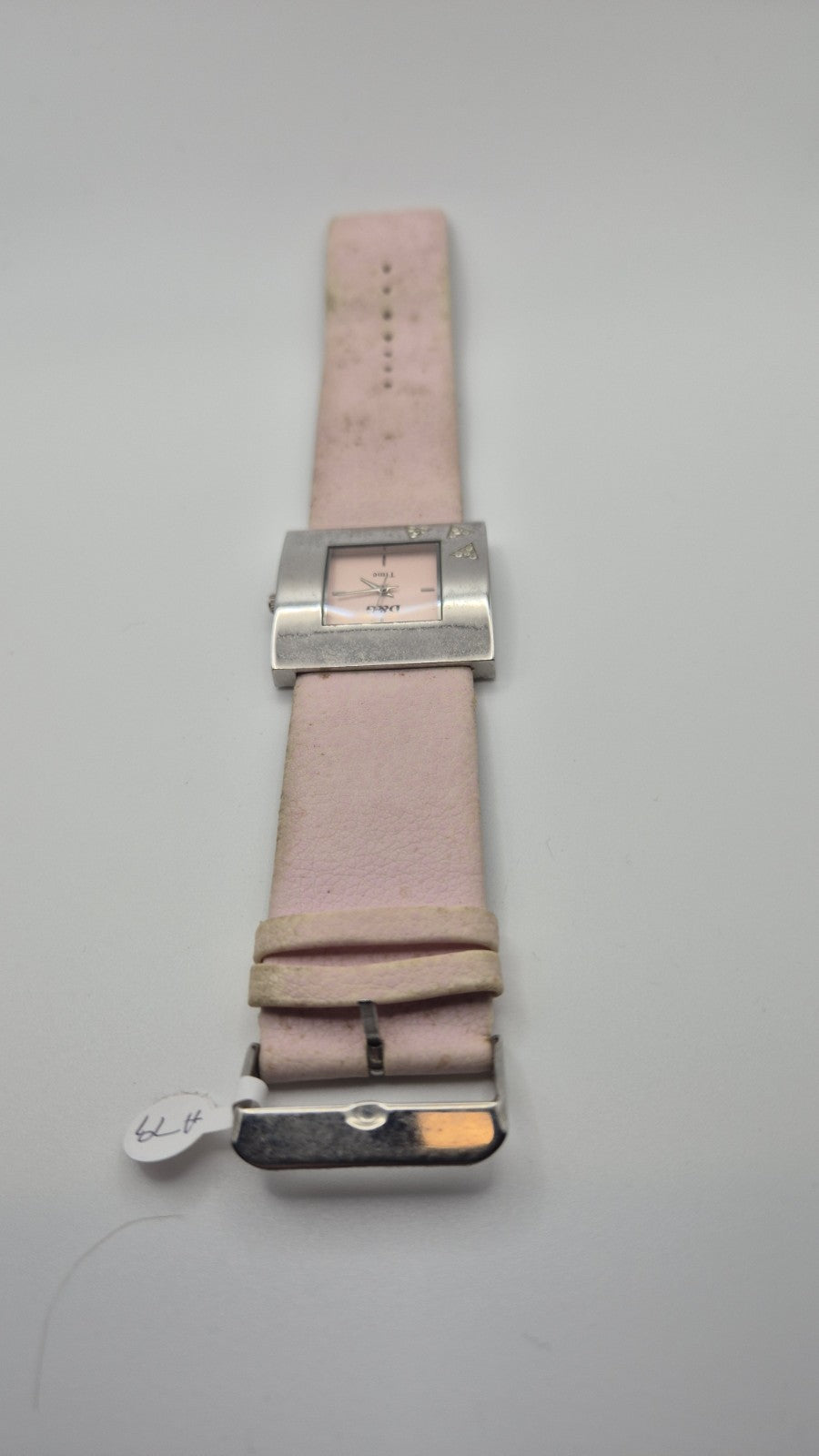 D&G Time squarefaced analog watch with a light pink leather strap and...3