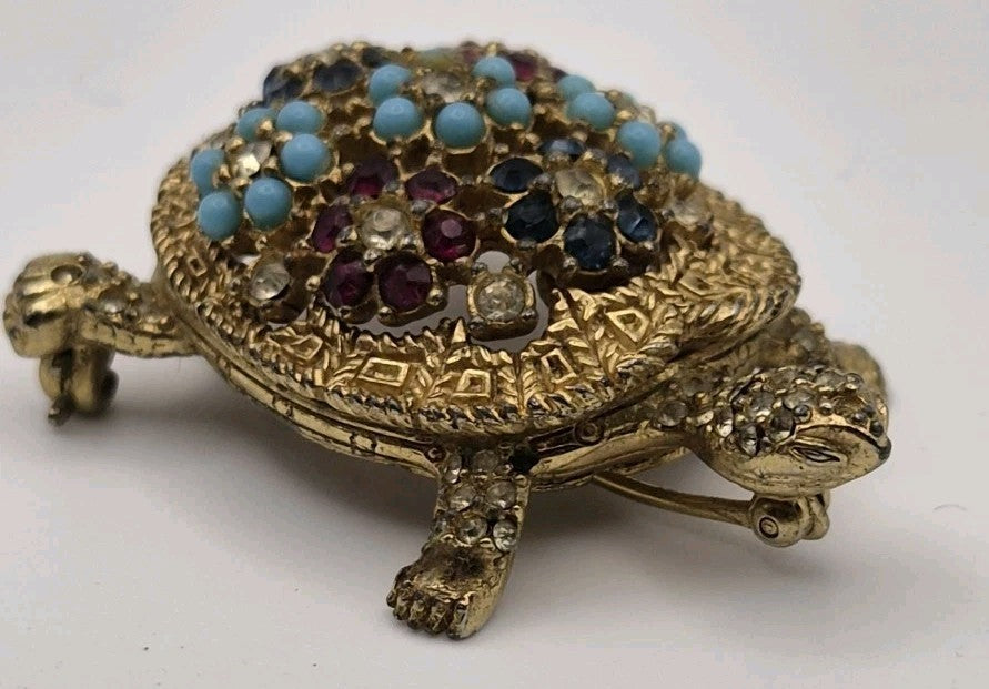 Vintage Ciner Signed Multi Coloured Stone Turtle Brooch Pin2