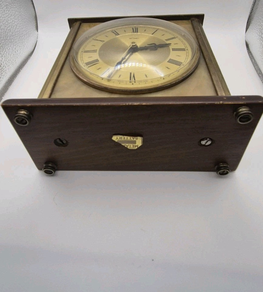 Vintage Metamec Mantle Clock In Gold With Wood Brass & Marble. Roman numerals9