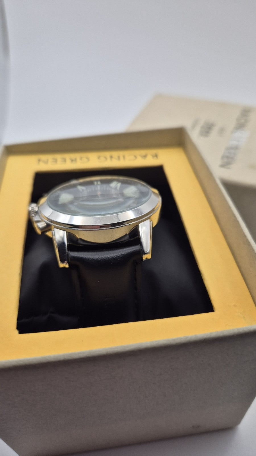 Racing Green men's chronograph watch with a black leather strap and orange...5