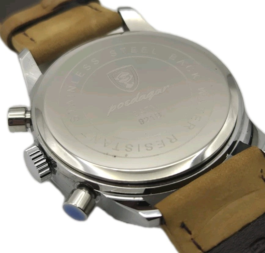Poedagar men's luxury quartz chronograph watch with a blue dial and a tan...9