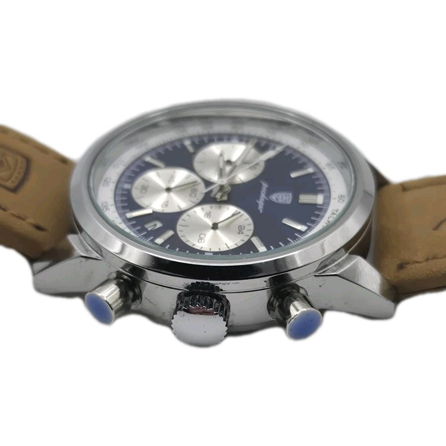 Poedagar men's luxury quartz chronograph watch with a blue dial and a tan...5